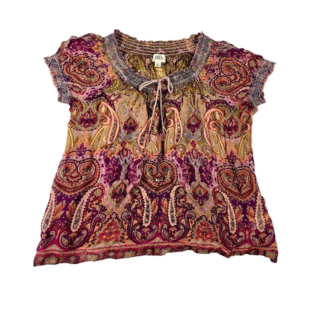 Bila Paisley Peasant Blouse Women XL Pink Purple Smocked Tie Neck Rayon Sequin